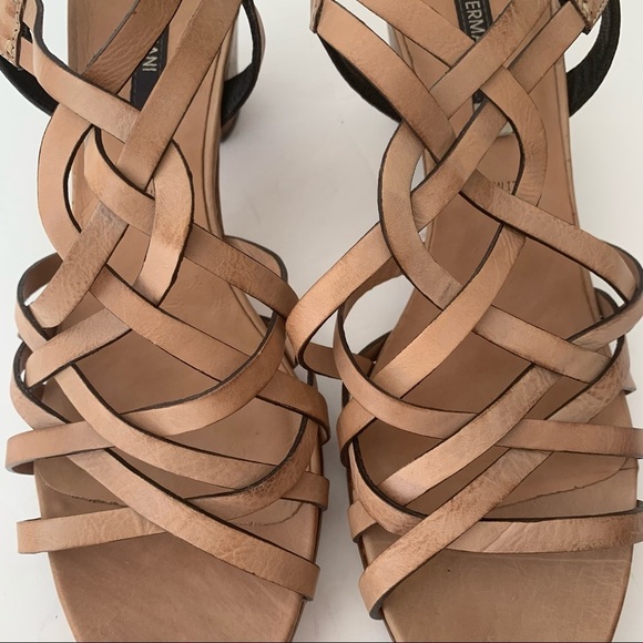 New ALBERTO FERMANI Strappy Block Heel Sandals Leather Tan Made In Italy - Picture 7 of 16